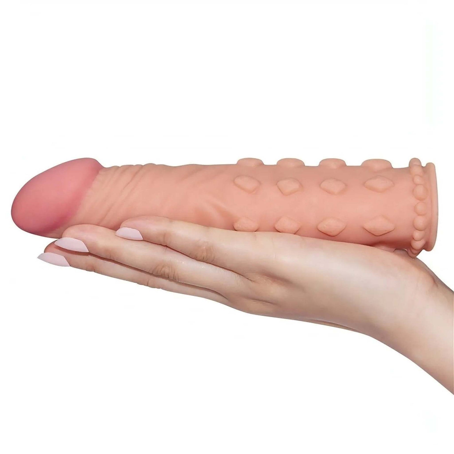 Guaina Fallica Realistica Morbida con texture stimolante, 19 cm lunga con un'estensione di 5 cm - Rosa Carne