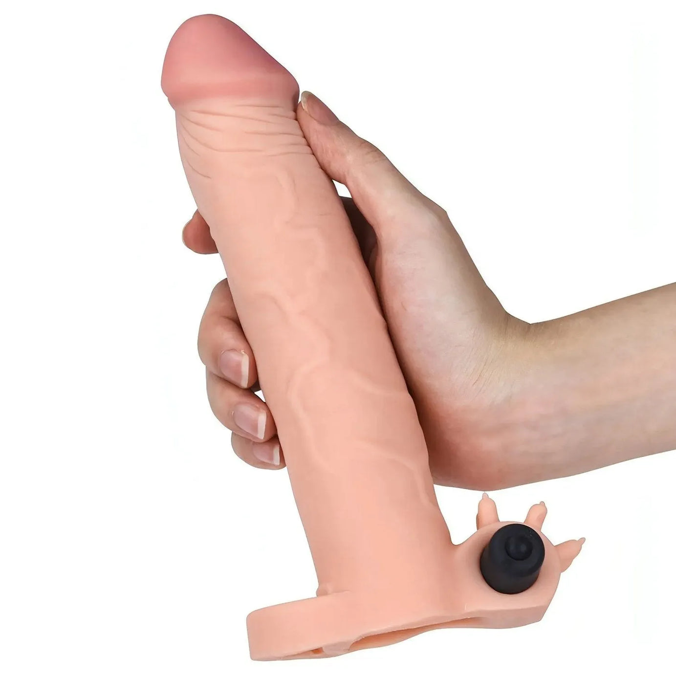 Guaina fallica realistica con stimolatore clitorideo e anello - 7.6 cm extra
