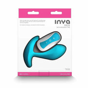 Confezione del vibratore ricaricabile Inya Eros azzurro con logo e specifiche materiali Silicone/ABS