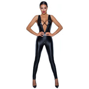 Jumpsuit aderente con cinturini di velluto incrociati - Nero Opaco, Taglia S