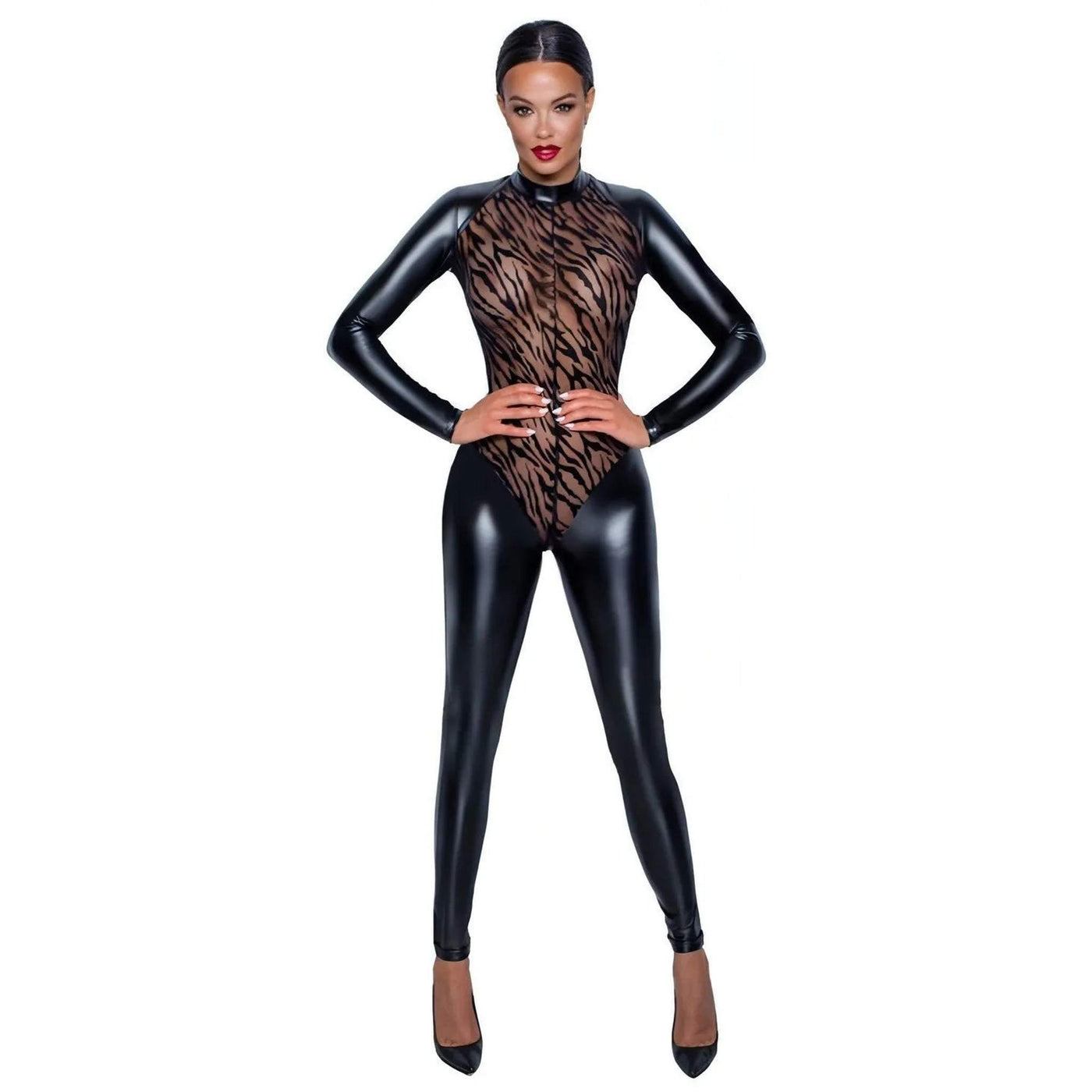 Jumpsuit aderente con inserto di velluto tigrato