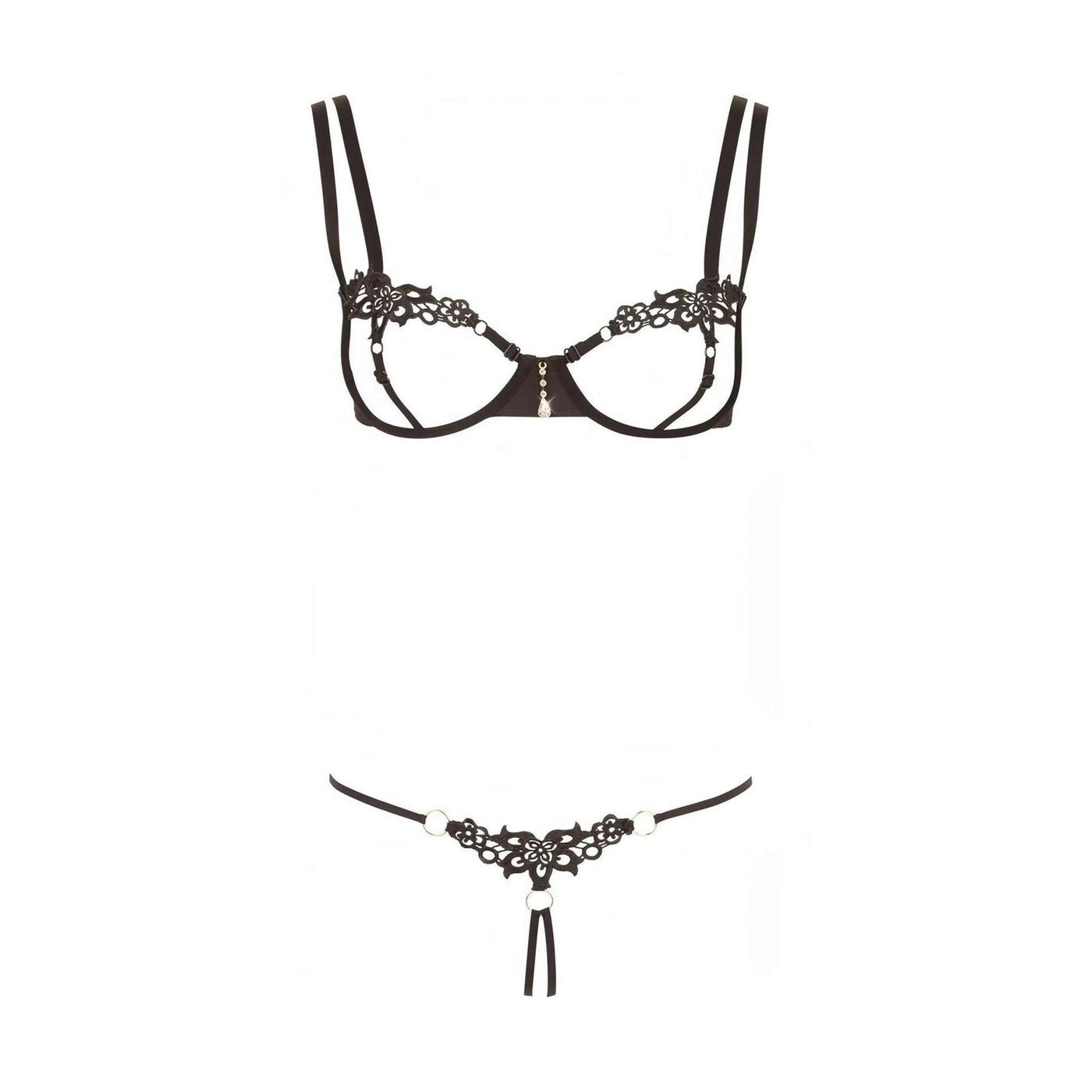 Completino intimo nero Cottelli con reggiseno a coppe scoperte, pizzo decorativo e pendente centrale