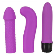 3 adattatori in silicone viola per Love Machine: cilindrico a puntini, curvo liscio e con base nera