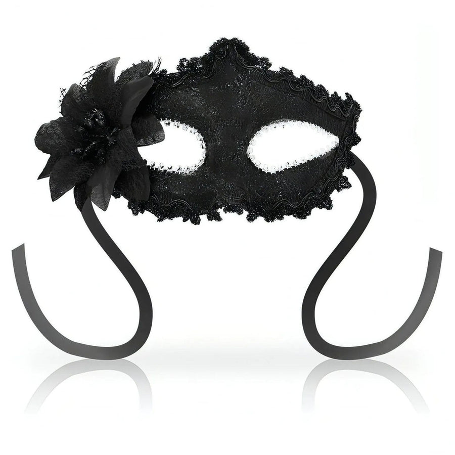 Black Venetian mask with embroidery and silver rhinestones around the eyes