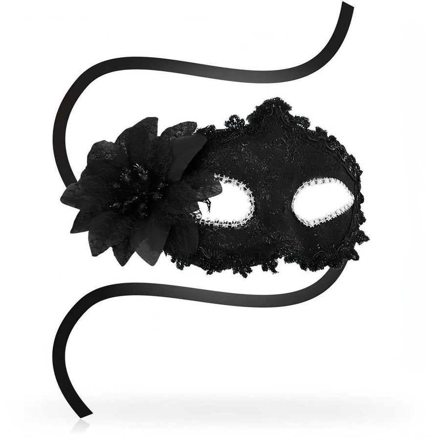 Black Venetian mask with embroidery and silver rhinestones around the eyes