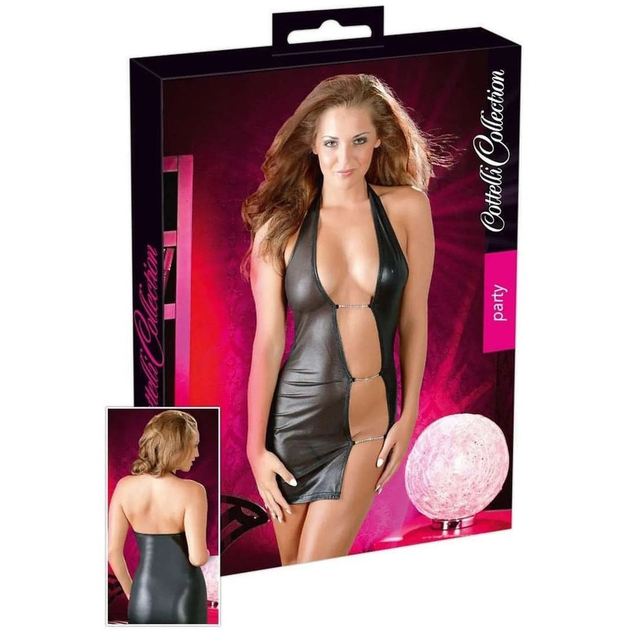 Mini Abito Sexy Nero in Ecopelle con Scollo Profondo e Inserti Aper­ti