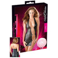 Mini Abito Sexy Nero in Ecopelle con Scollo Profondo e Inserti Aper­ti