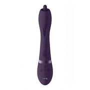 Vibratore rabbit viola scuro frontale con fascia metallica e controlli FX