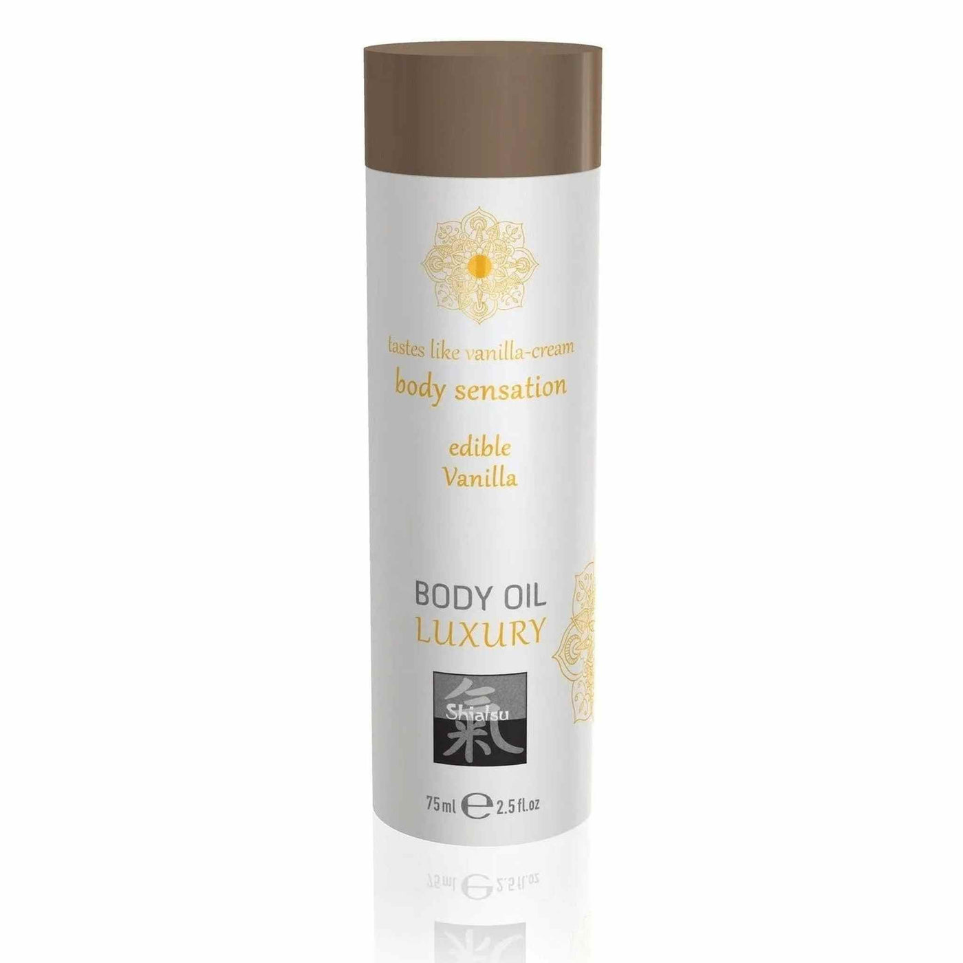 Olio da massaggio commestibile Vaniglia Shiatsu 75ml bottiglia bianca con etichetta floreale dorata