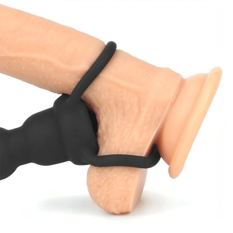 Vibrierende Analkette für Doppelpenetration mit direkter Verbindung zum Penis – Schwarz