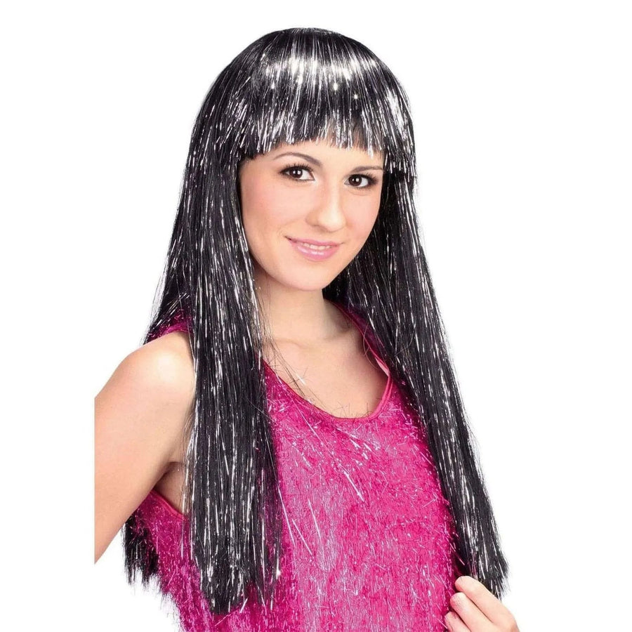 Lange schwarze Haarperücke mit silbernen Locken