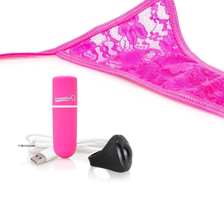 Tanga de encaje vibrante con estimulador del clítoris con USB - carga rosa