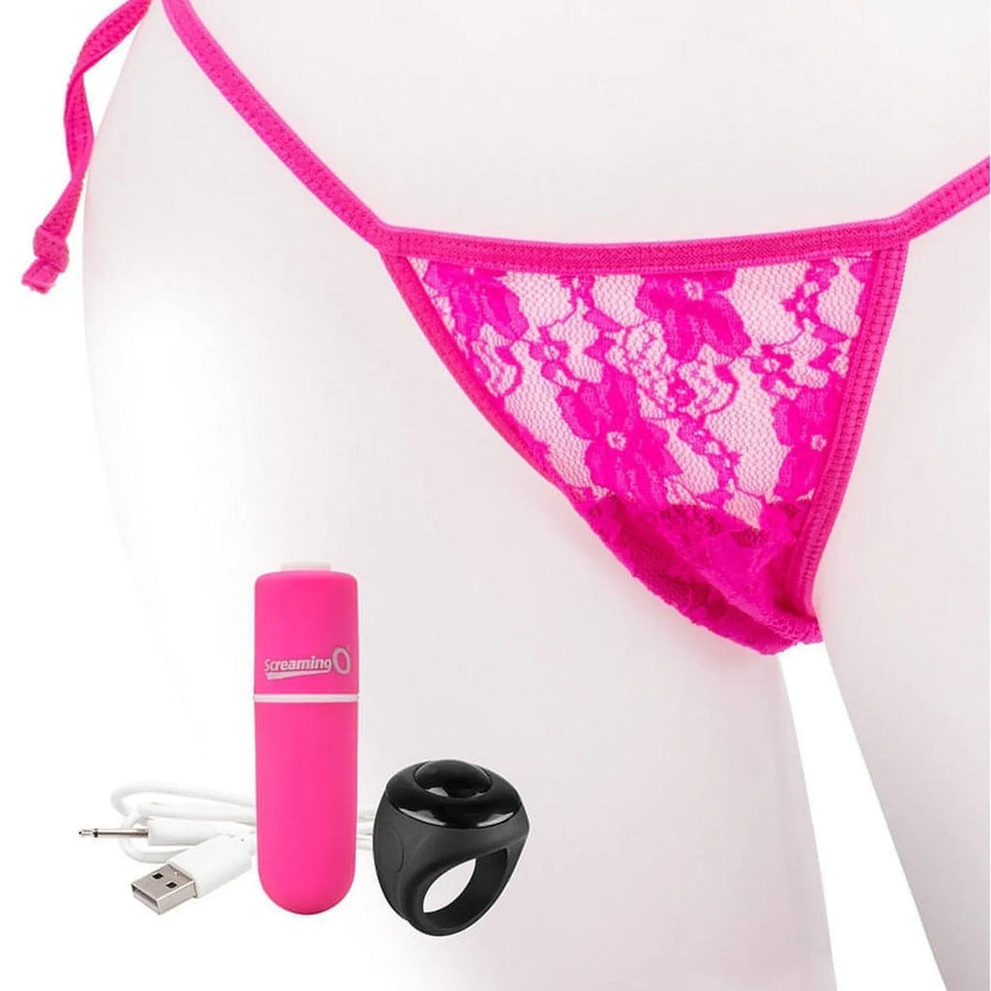 Tanga de encaje vibrante con estimulador del clítoris con USB - carga rosa