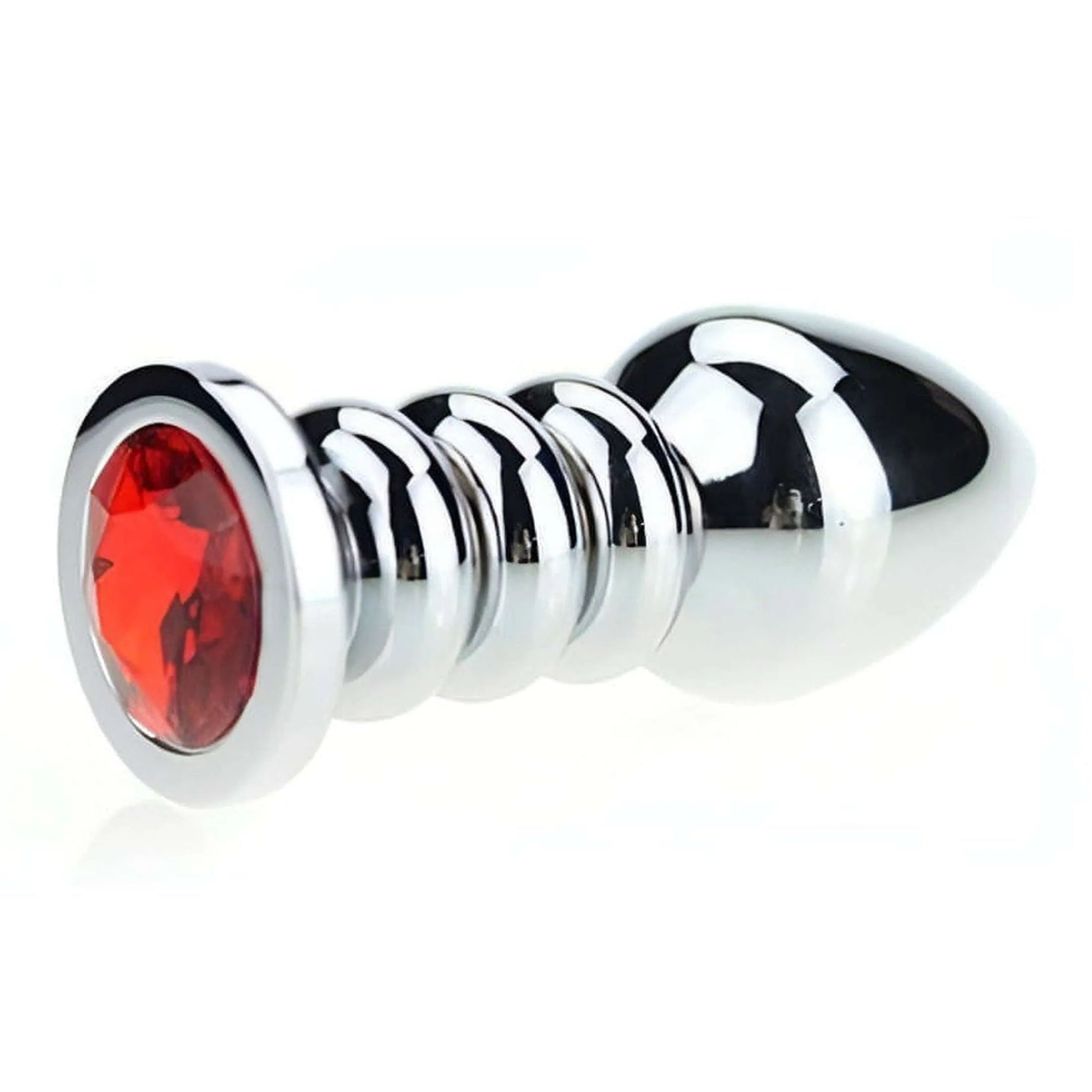 Plug Anale Ribbed in Acciaio Chirurgico con Gemma Rossa, 175 gr.