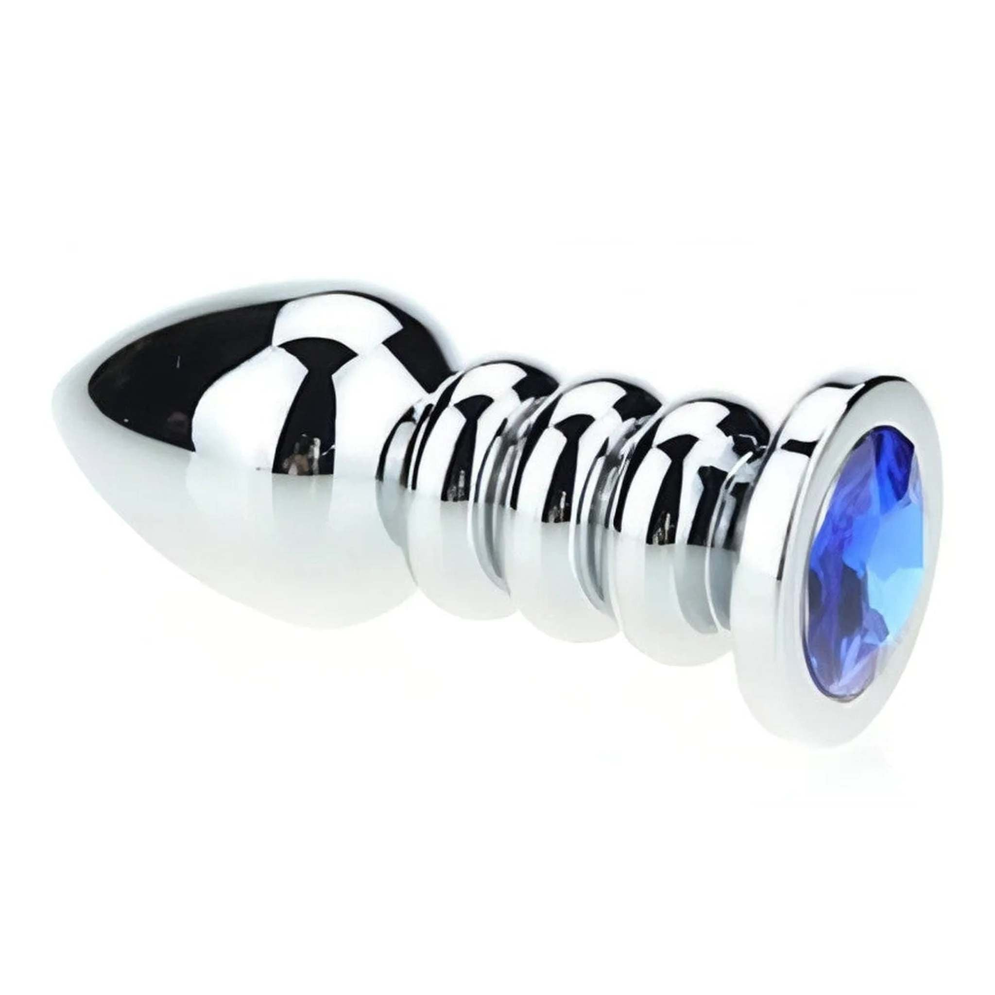 Plug Anale Ribbed in Acciaio Chirurgico con Gemma Blu, 175 gr.