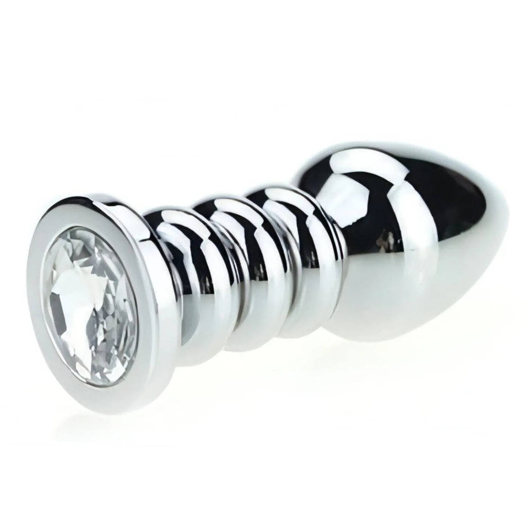 Plug Anale Ribbed in Acciaio Chirurgico con Gemma Bianca, 175 gr.