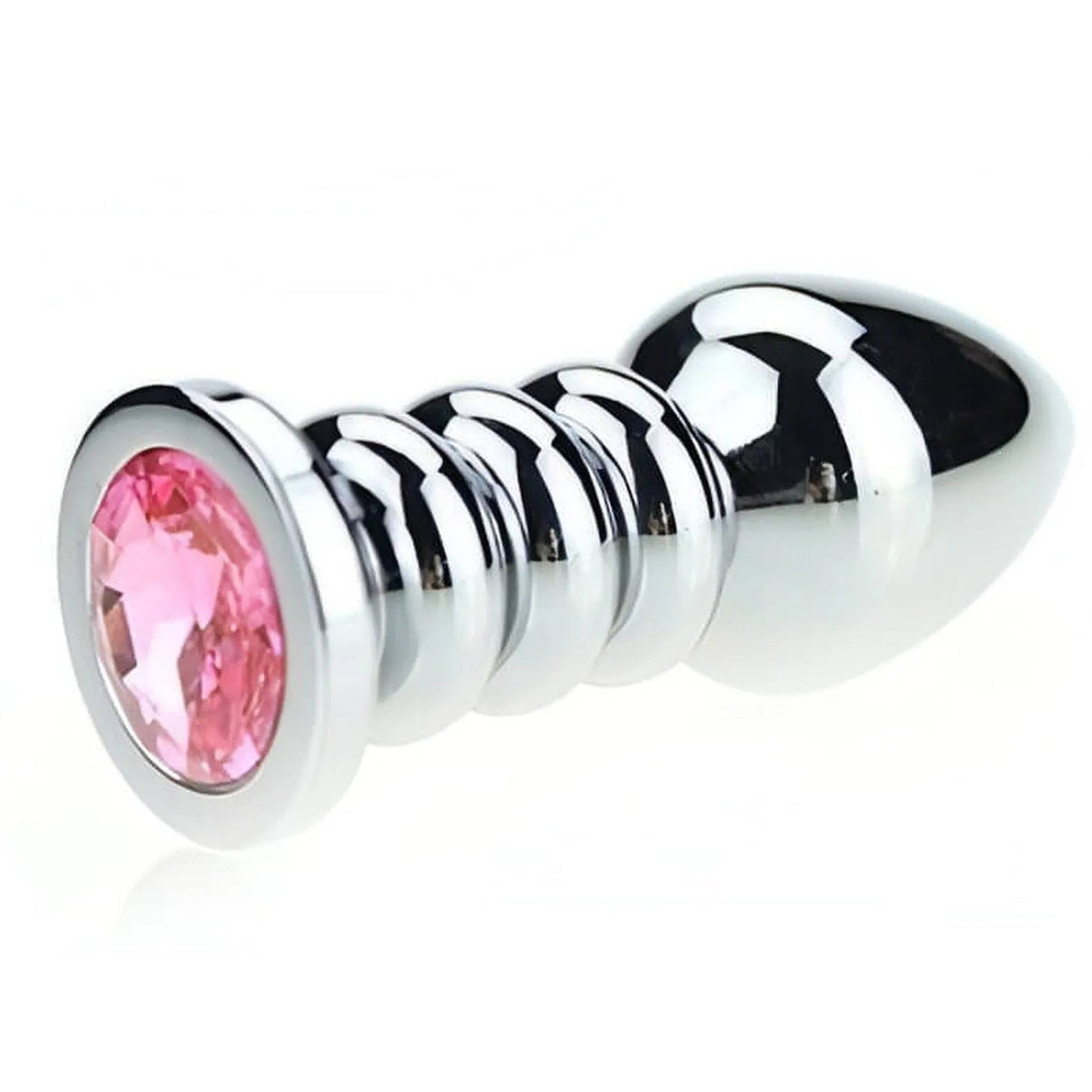 Plug Anale Ribbed in Acciaio Chirurgico con Gemma Rosa, 175 gr.