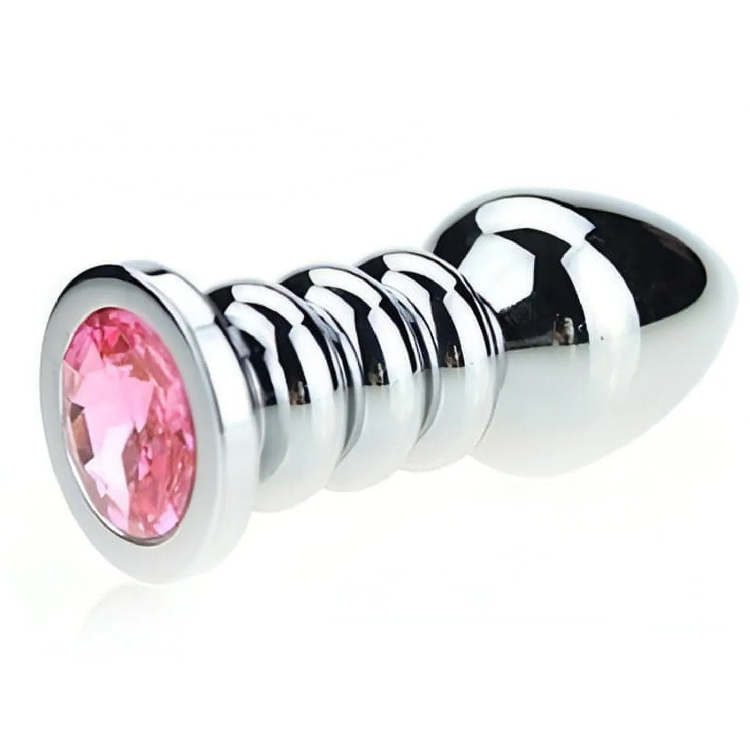 Plug Anale Ribbed in Acciaio Chirurgico con Gemma Rosa, 175 gr.