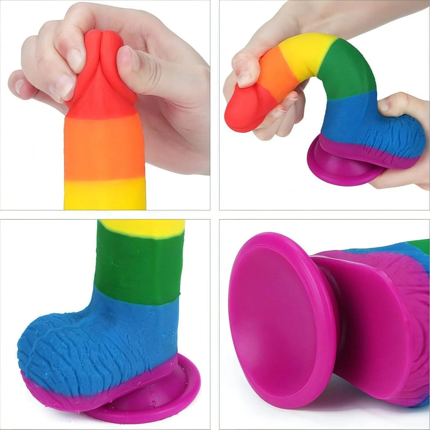 Collage dettaglio dildo arcobaleno: flessibilità, base piede e ventosa adesiva