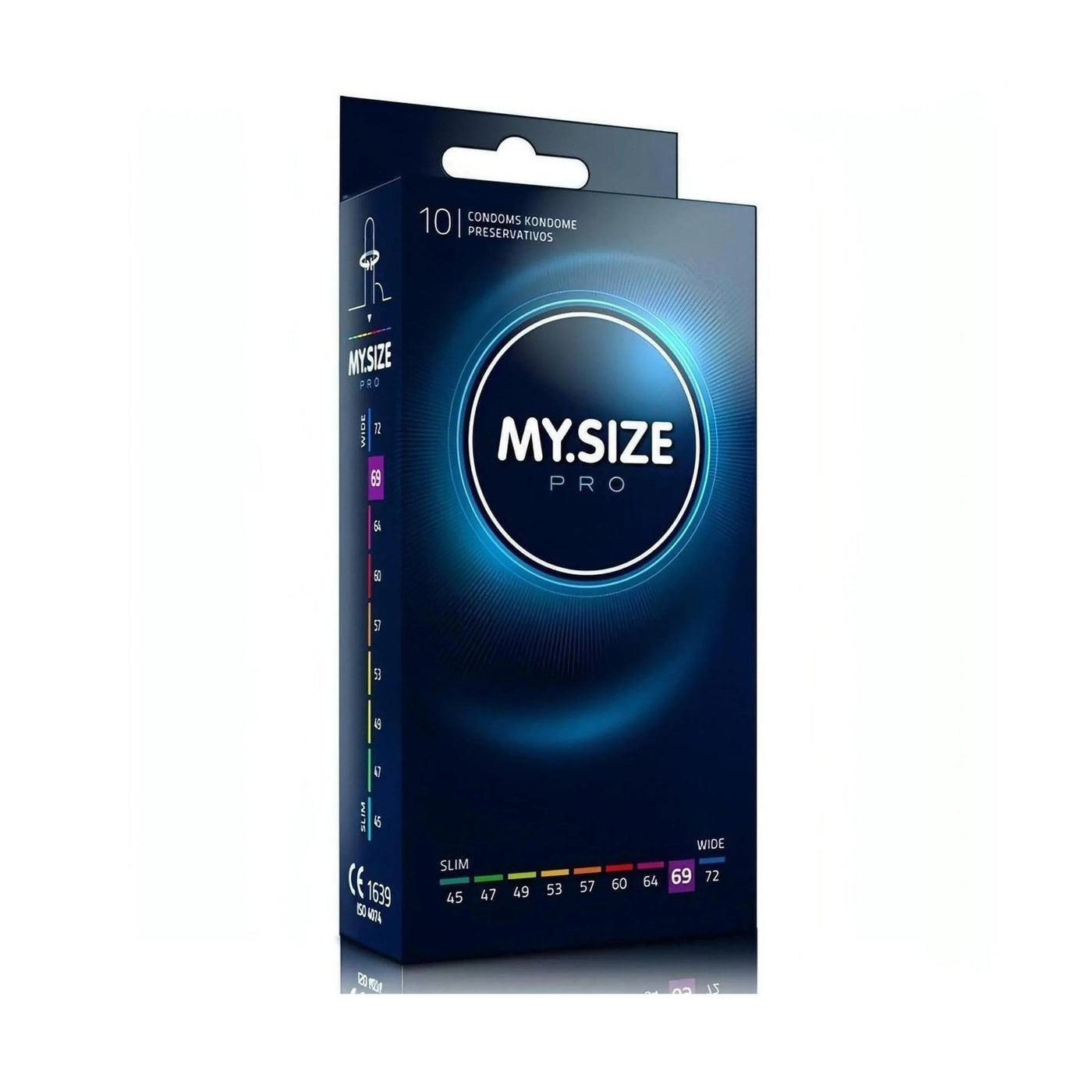 Confezione da 10 profilattici My.Size Pro 69 mm blu scuro con scala dimensioni