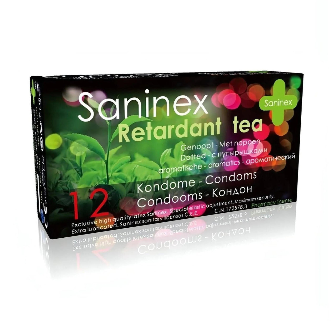 Confezione da 12 profilattici ritardanti Saninex Retardant Tea con lattice punteggiato e lubrificazione extra