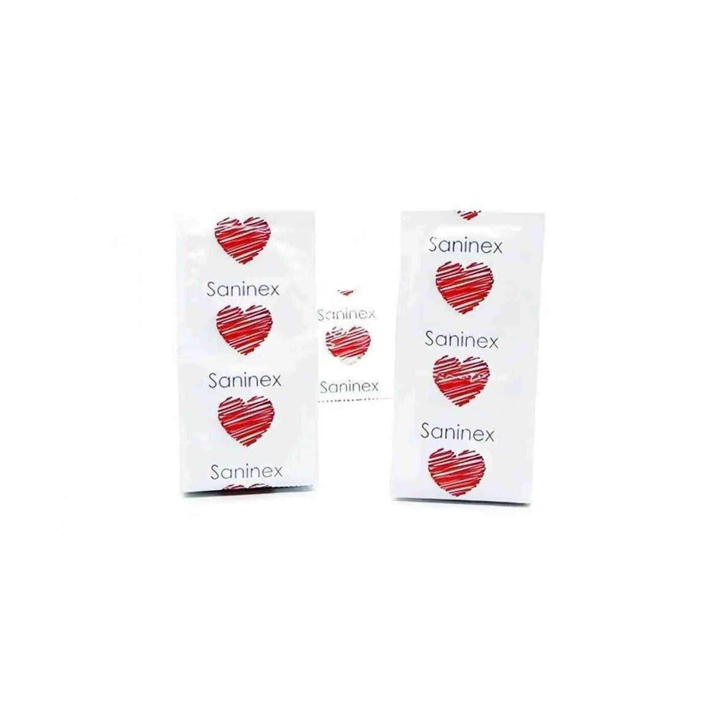 Singole confezioni profilattici Saninex Retardant Tea con logo cuore rosso su sfondo bianco