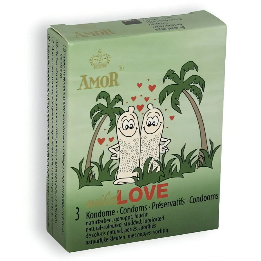Wild Love-Kondome aus Naturkautschuklatex mit Reservoir und Kügelchen für zusätzliche Stimulation. Konturiert und geschmiert