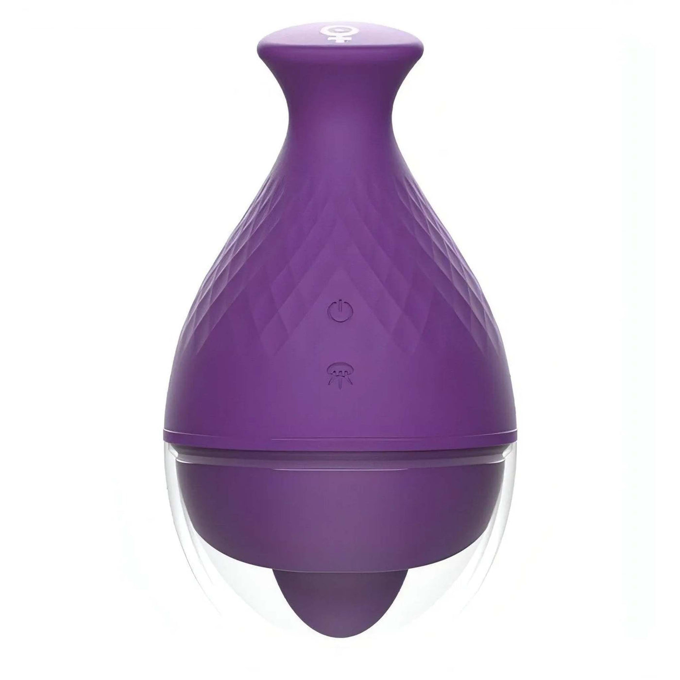 Pulsante femminile e controlli vibrazione su vibratore clitorideo Rewolingo viola in silicone
