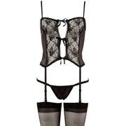 Set 3 Pezzi Basco In Pizzo Con Slip e Calze Velate Nere