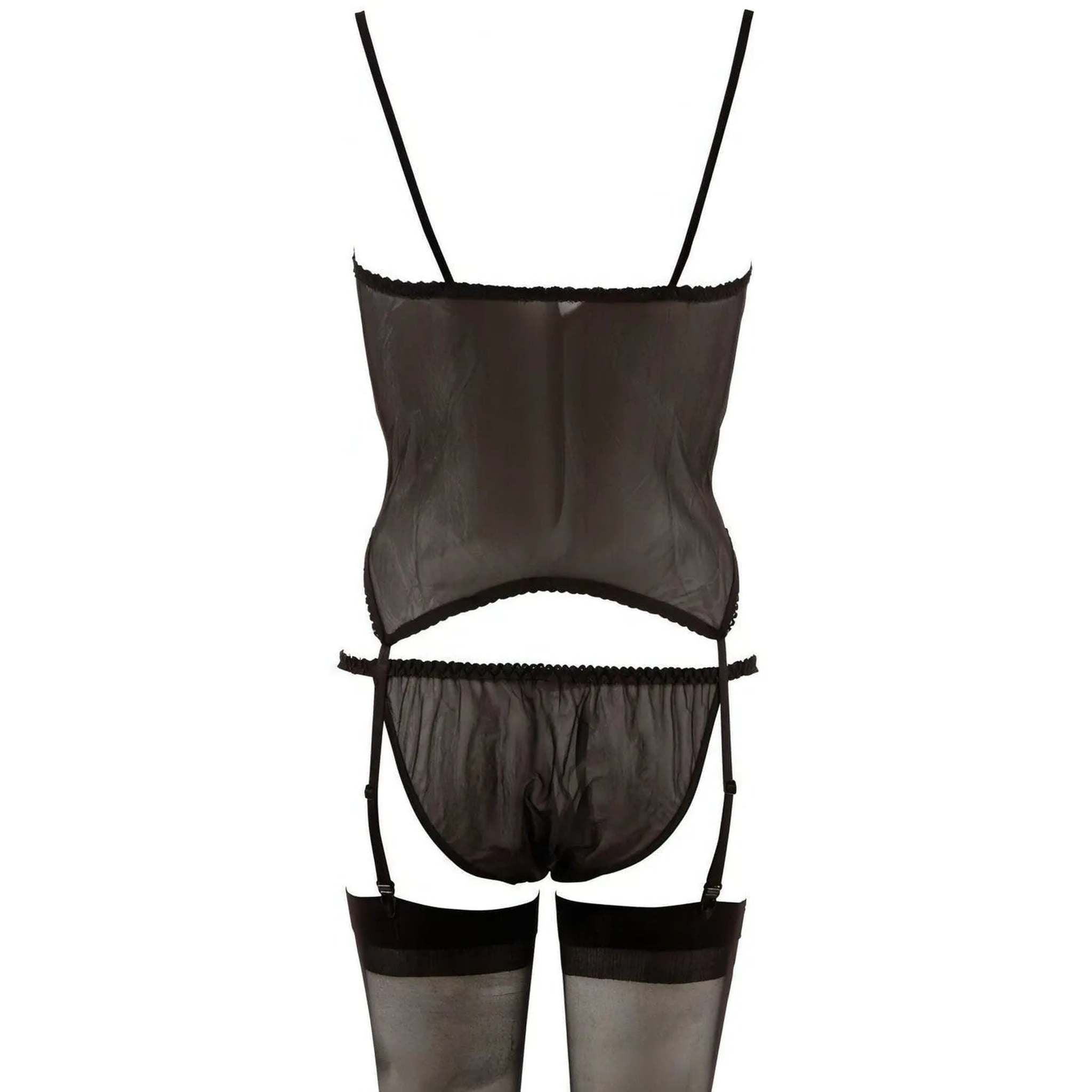 Set 3 Pezzi Basco In Pizzo Con Slip e Calze Velate Nere