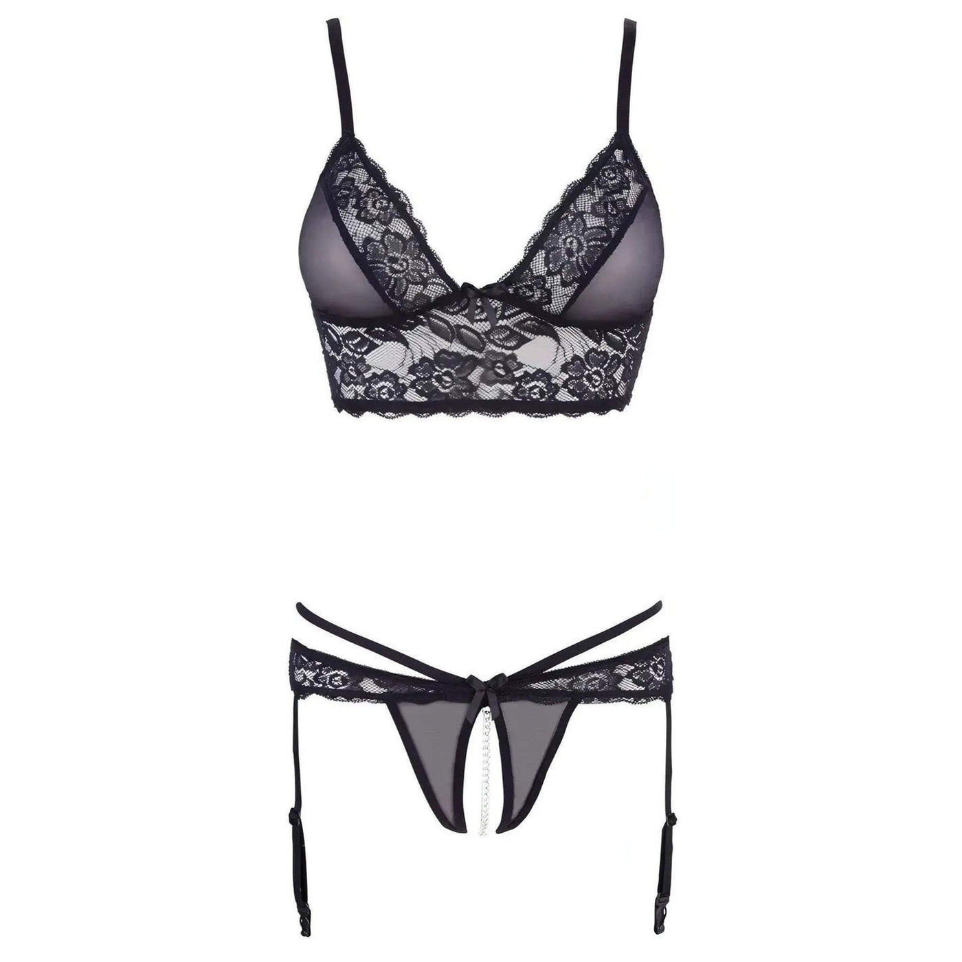 Set Reggiseno a Fascia e Slip reggicalze con fiocco e perline