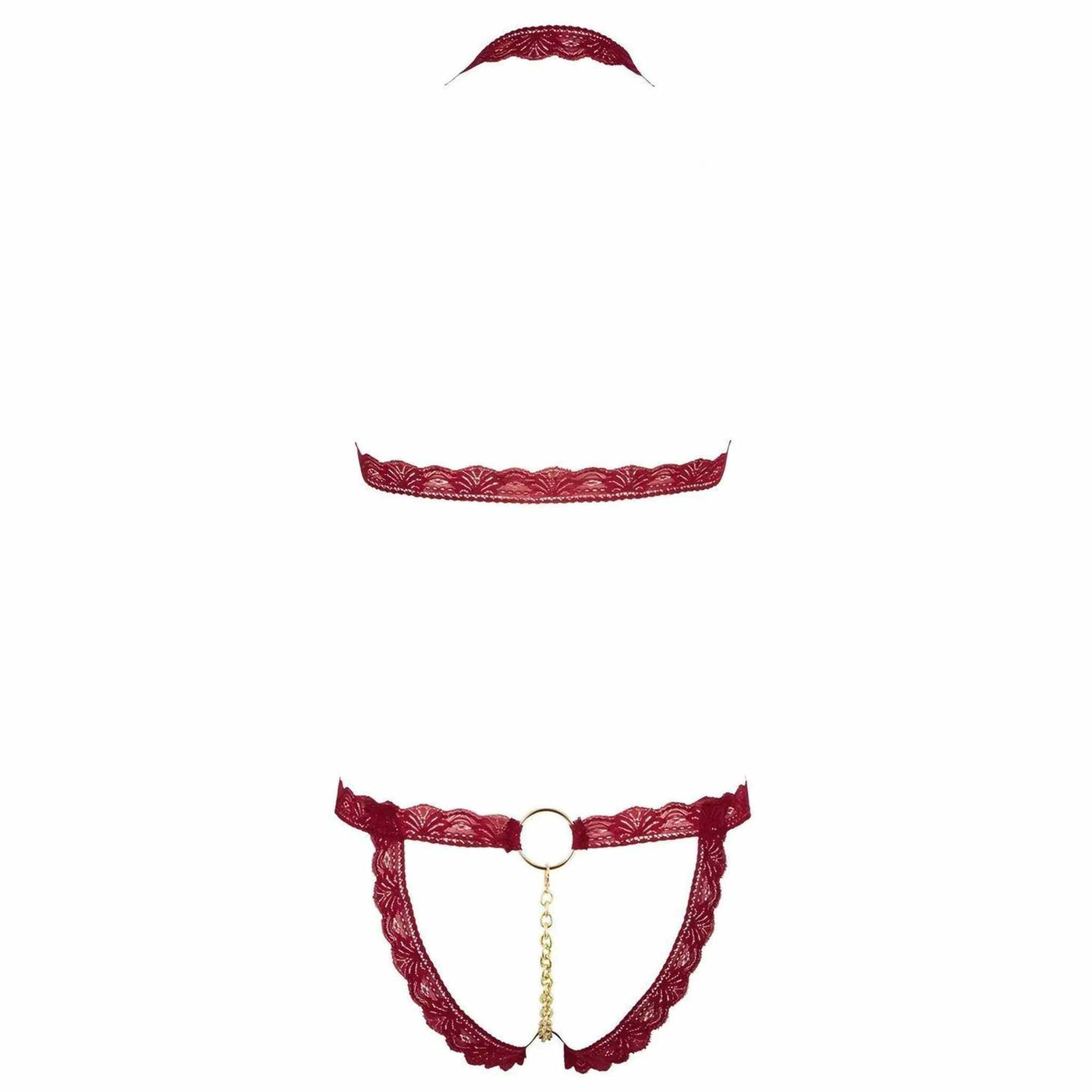 Completino intimo rosso bordeaux piatto con reggiseno a balconcino e perizoma a catena