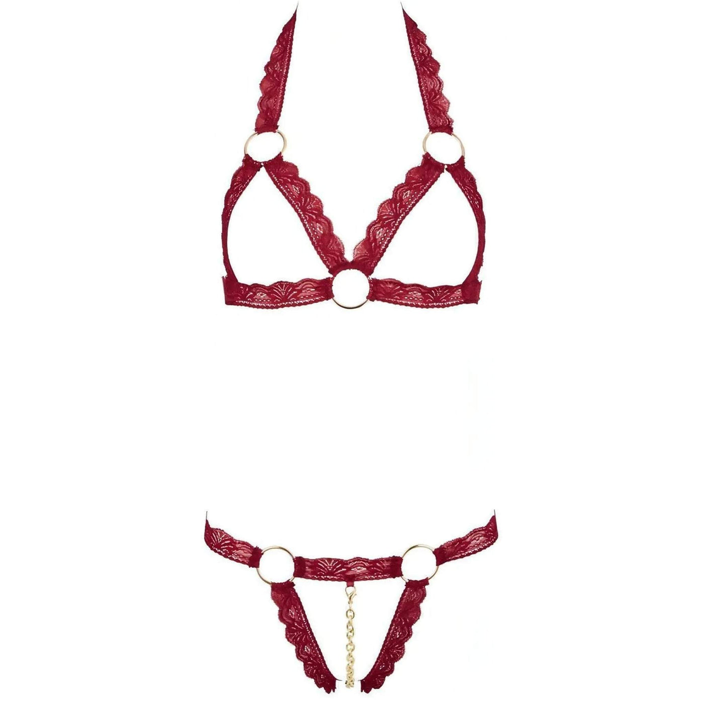 Set reggiseno in pizzo elastico con anelli metallici decorativi. Taglia - S/M