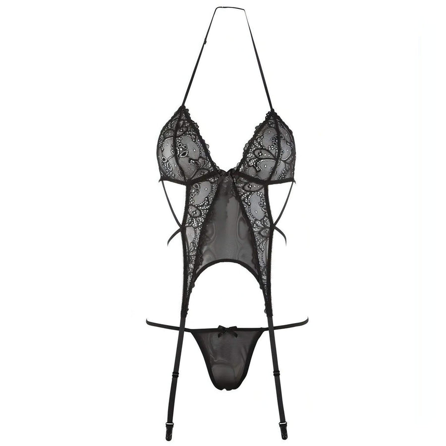 Sexy Set mit Strapsgürtel-Body, schwarzem Tanga und roten Geisha-Kugeln – S/M