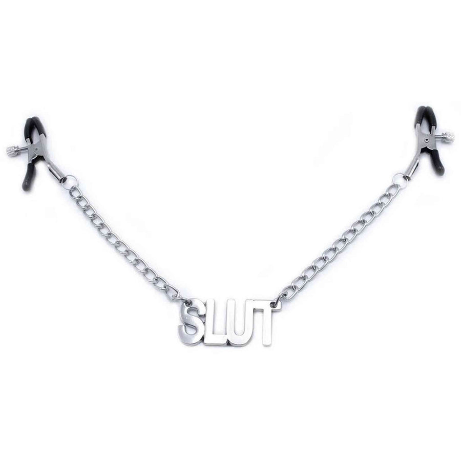 Nippelklemme mit Kette und „Slut“-Anhänger