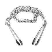 Set pinze sadomaso metallo cromato con catena collegata e rivestimento PVC morbido