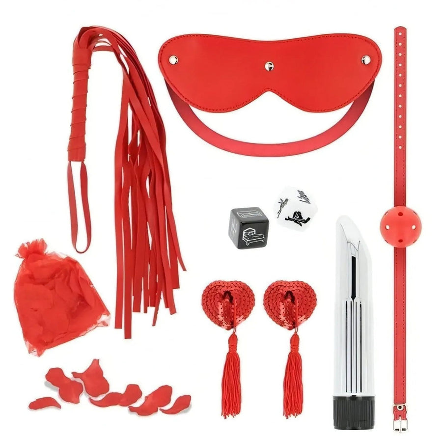 This is Pleasure Kit - Multispeed Vibrator, Burlesque Nipple Covers, Perforated Ball-Gag, Whip, Blindfold, Set of 2 Dice and Petals