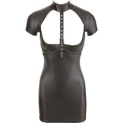 Vestito nero in finta pelle con occhielli metallici e cuciture strutturate