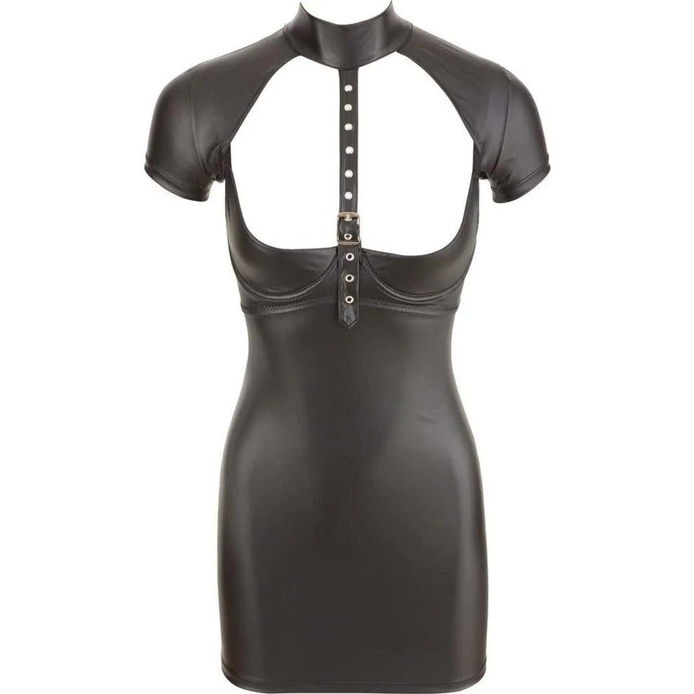 Vestitino Sexy in pelle con seno scoperto, finte maniche e cinturino fino al collo tipo collare - Nero, Taglia S