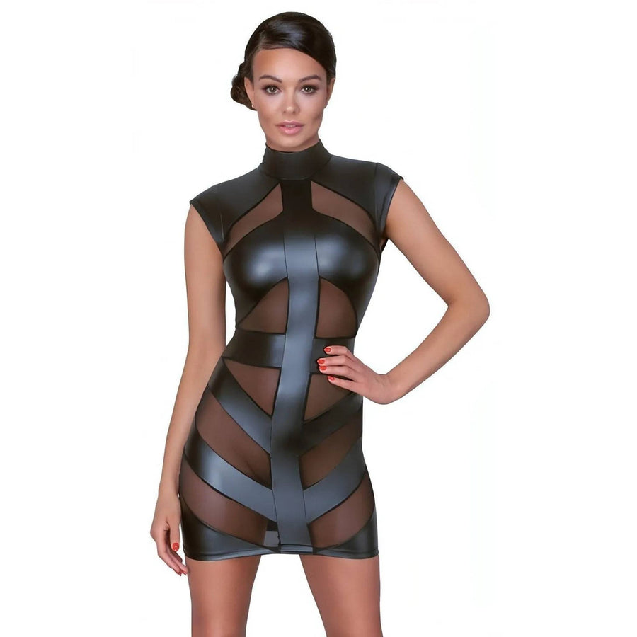 Vestitino sexy collo alto nero opaco con inserti trasparenti -M