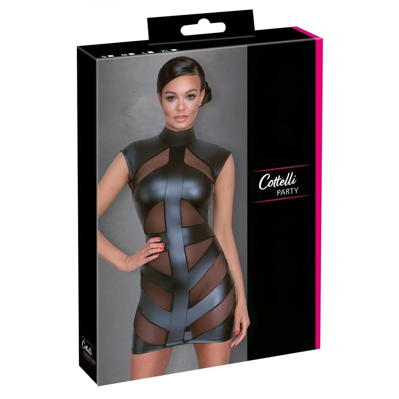 Vestitino sexy collo alto nero opaco con inserti trasparenti -M