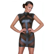 Vestitino sexy collo alto nero opaco con inserti trasparenti -M