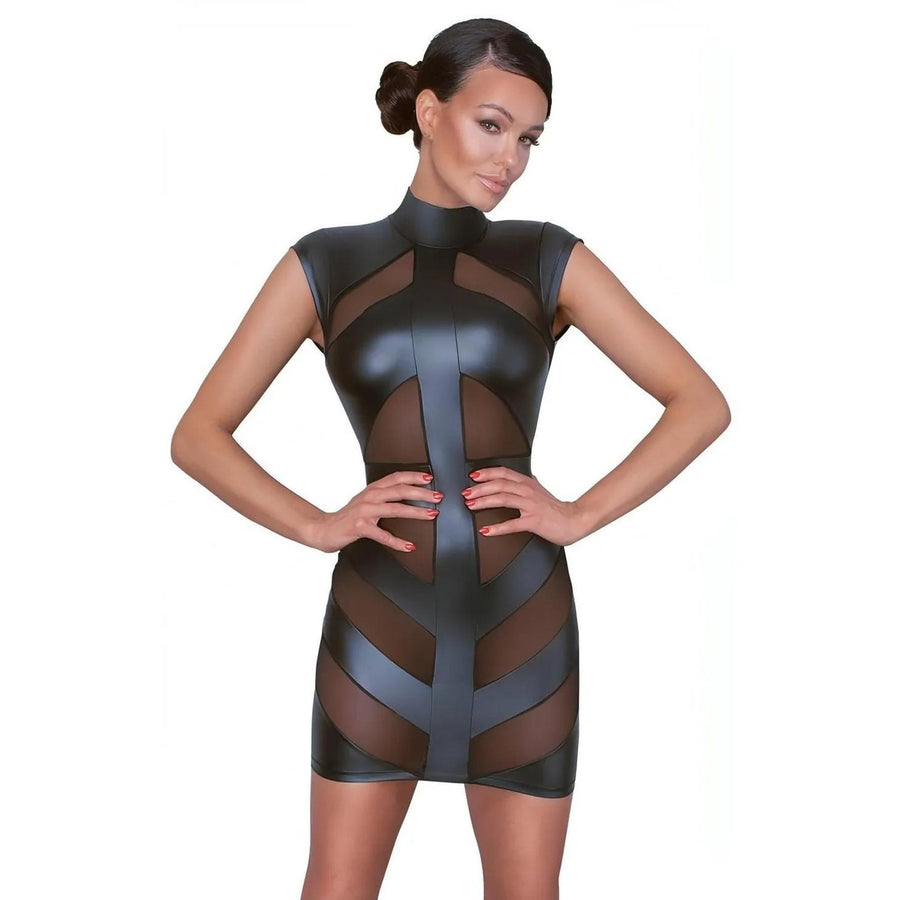 Vestitino sexy collo alto nero opaco con inserti trasparenti -M