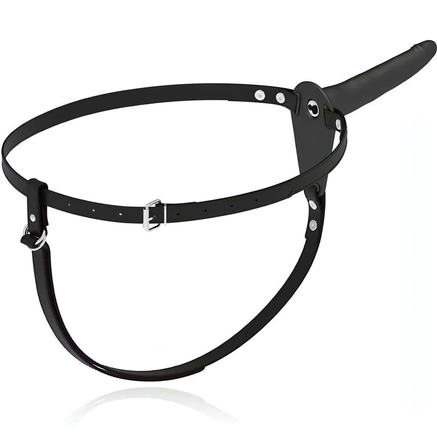 Vista frontale strapon nero Vibrating Penetrix con fibbia centrale e dettagli metallici