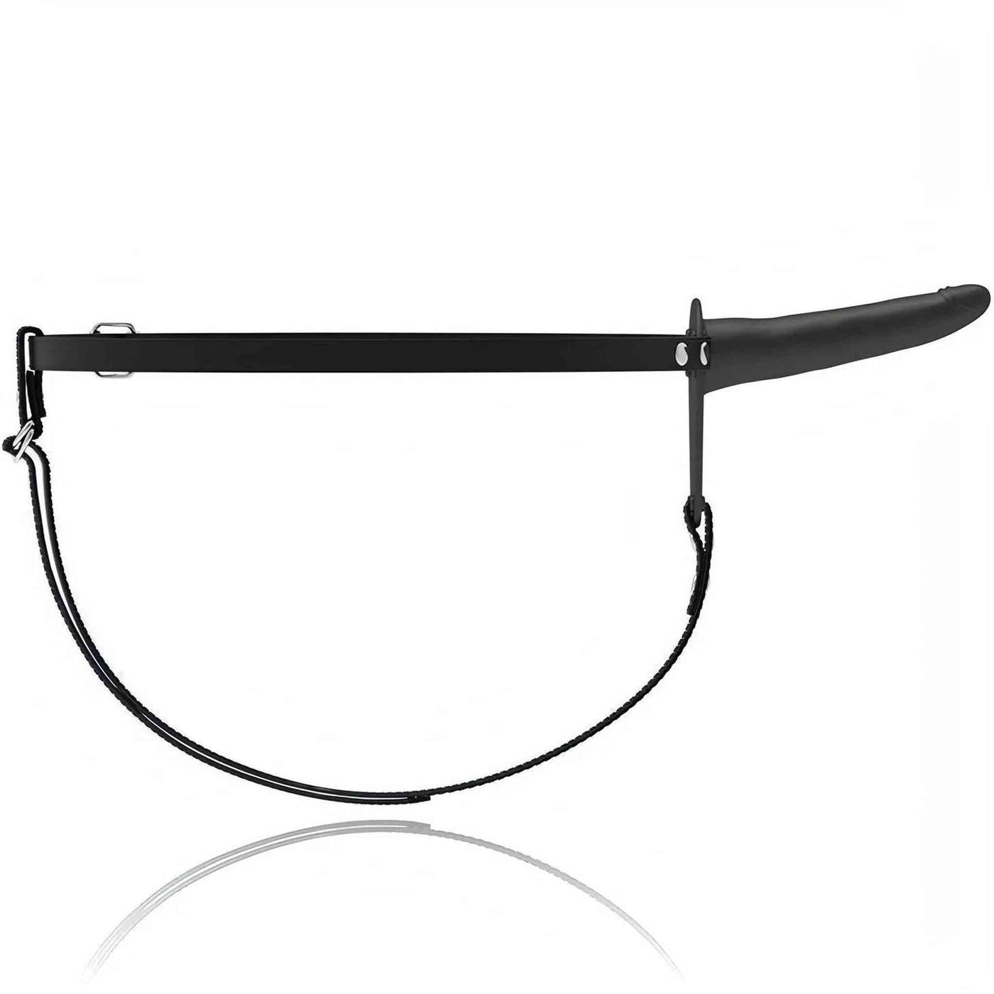 Vibrating Penetrix strap-on nero vista laterale con fibbia metallica argentata