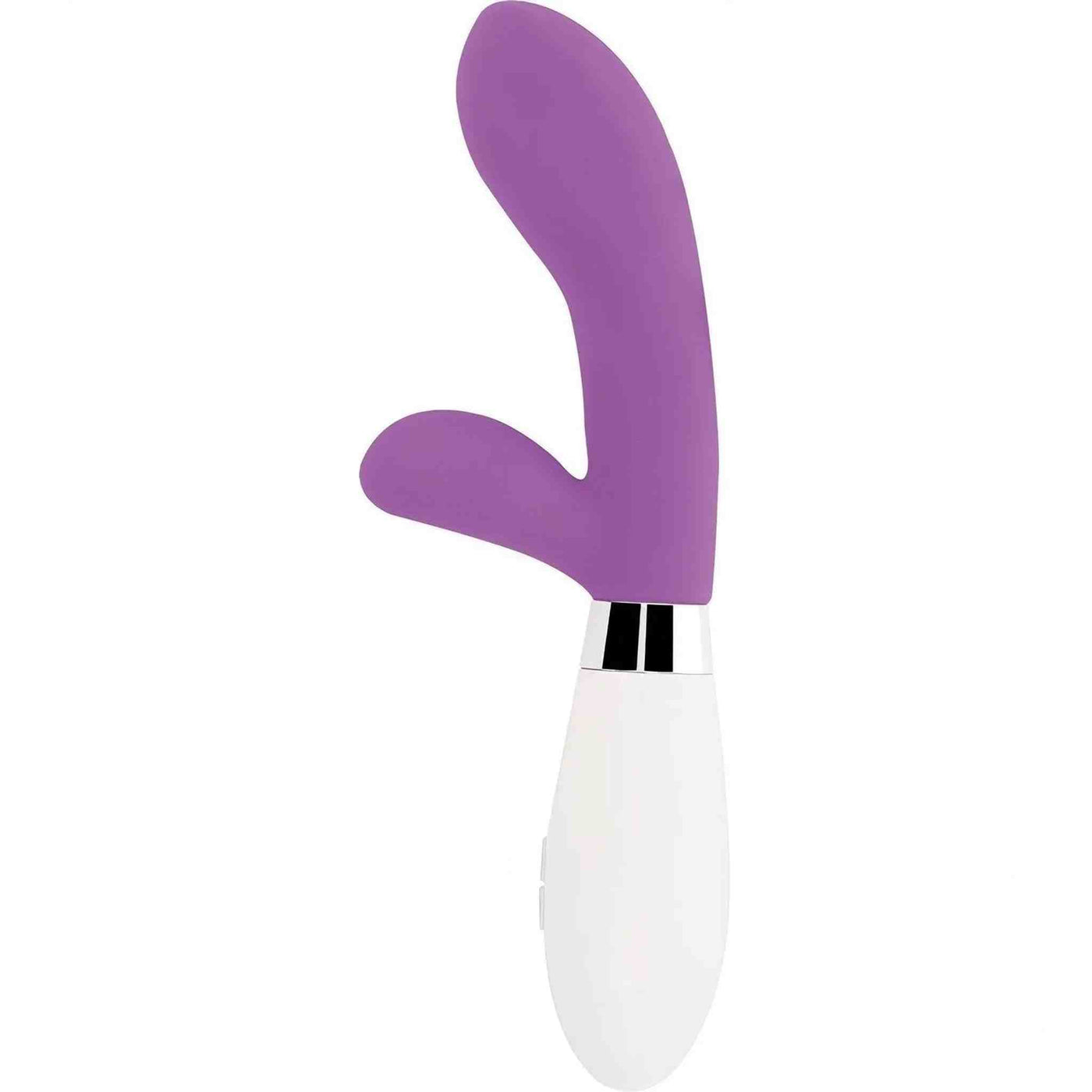 Vibratore rabbit viola profilo laterale con pulsante rettangolare