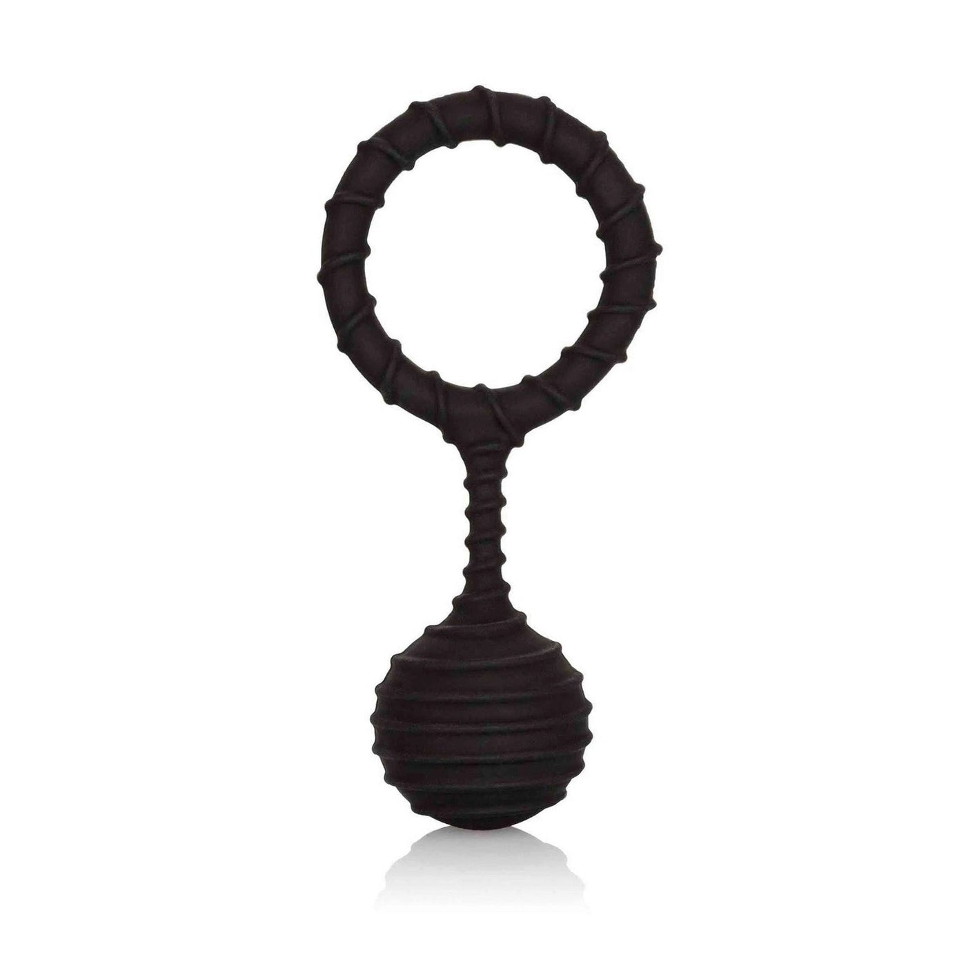 Anello fallico nero Weighted Ring 110g vista frontale con superficie a spirale